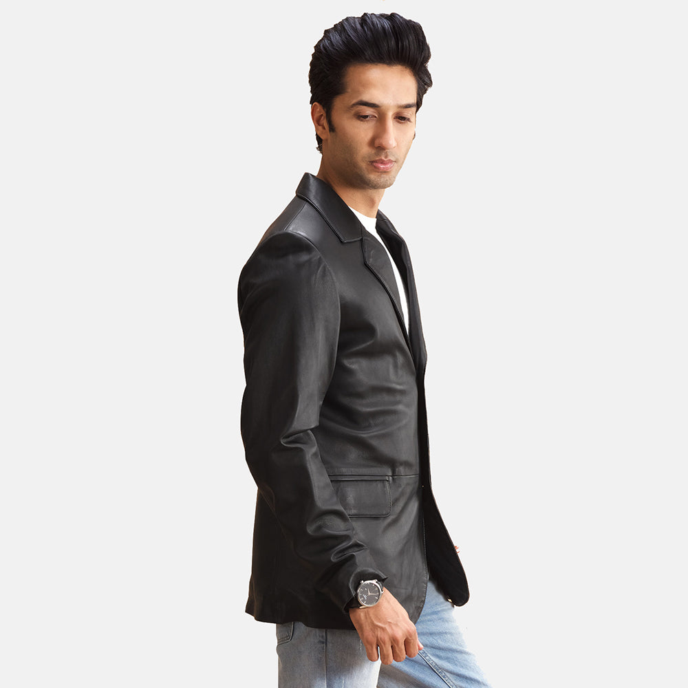 Black Sheepskin leather Blazer - Vista posteriore Showing Tailored Shoulder Fit &amp; Clean Hemline