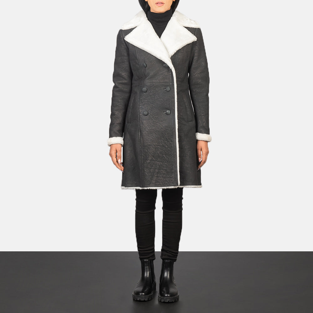 Women's Amie Black Double Breasted Shearling Coat in Black Sheepskin Snuffed - Vista frontale e linea su misura | Acquista online
