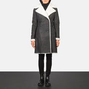 Women's Amie Black Double Breasted Shearling Coat in Black Sheepskin Snuffed - Vista frontale e linea su misura | Acquista online