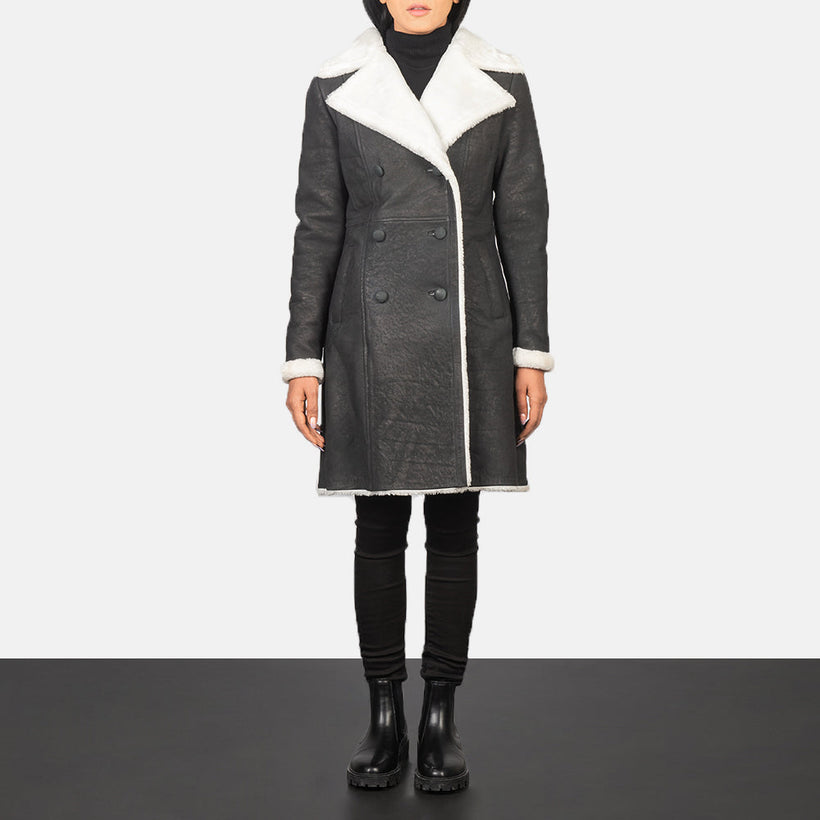 Amie Nero Double-Breasted Shearling Cappotto in Pelle da Donna