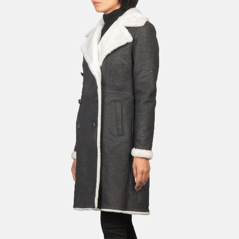 Amie Nero Double-Breasted Shearling Cappotto in Pelle da Donna