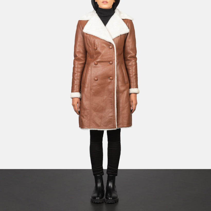 Amie Marrone Double-Breasted Shearling Cappotto in Pelle da Donna