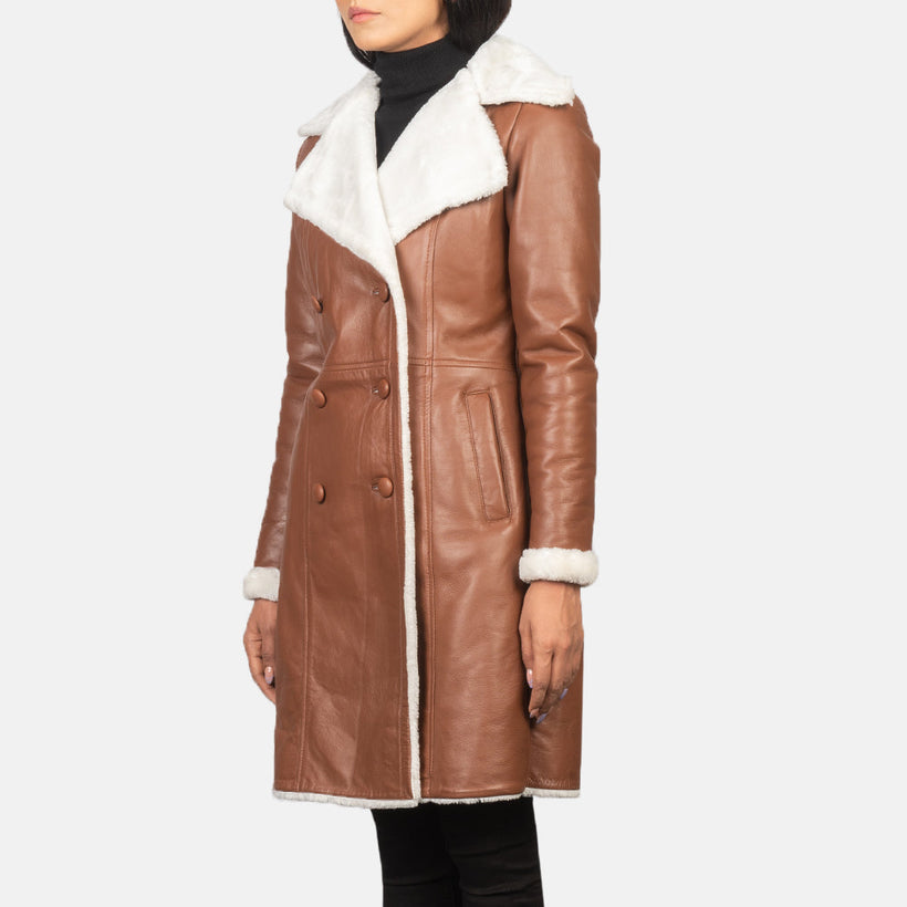 Amie Marrone Double-Breasted Shearling Cappotto in Pelle da Donna