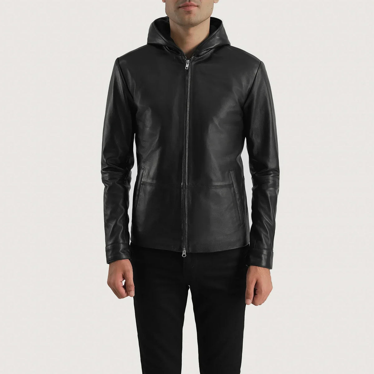 Men's Andy Matte Nero Hooded Giacca in Pelle da Uomo in Matte Black Sheepskin Leather - Vista frontale e linea su misura | Acquista online