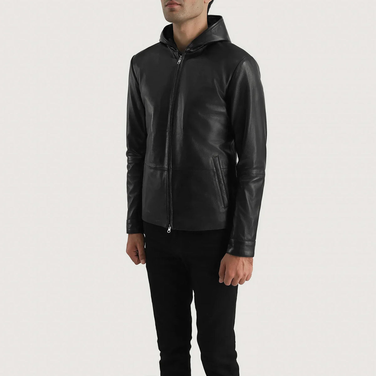 Matte Black Sheepskin Leather Hooded Jacket - Vista posteriore Showing Tailored Shoulder Fit &amp; Clean Hemline