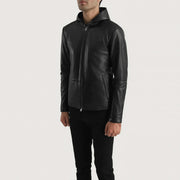 Matte Black Sheepskin Leather Hooded Jacket - Vista posteriore Showing Tailored Shoulder Fit &amp; Clean Hemline