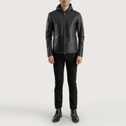 Dettaglio ravvicinato of Hooded &amp; Zipper Hardware on Men's Andy Matte Nero Hooded Giacca in Pelle da Uomo