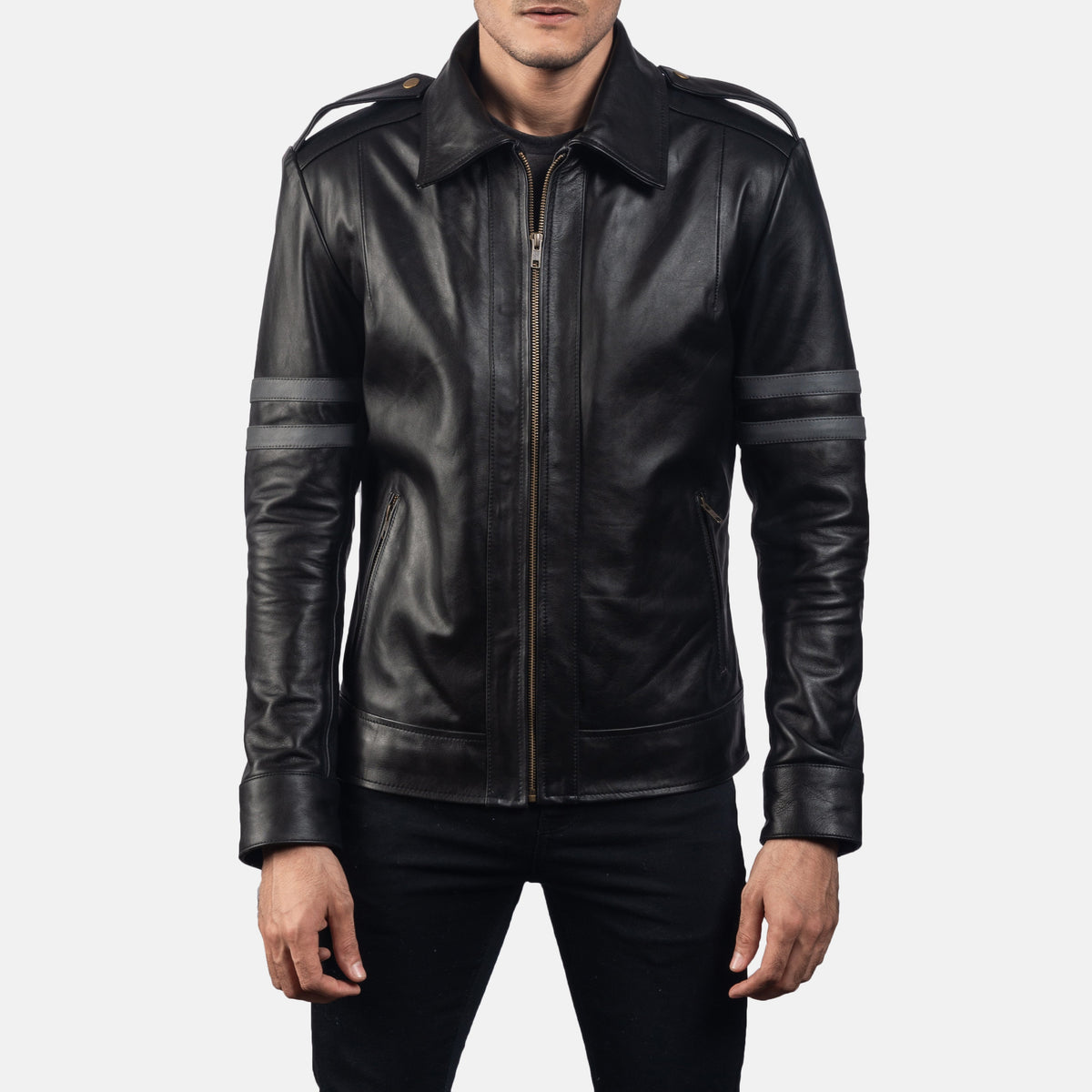 Armstrong Nero Giacca Biker in Pelle da Uomo in Black Cowhide Leather - Vista frontale e linea su misura | Acquista online