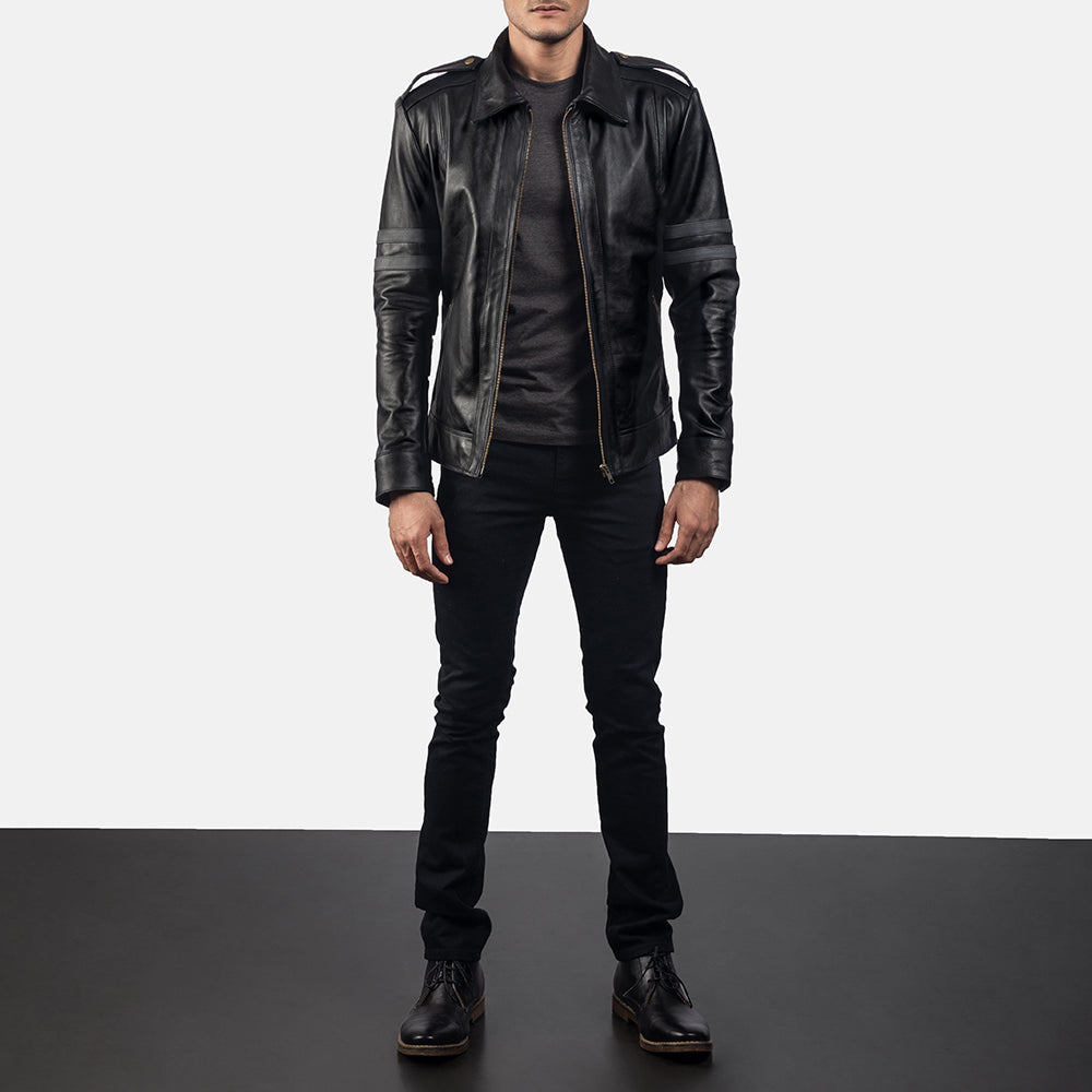 Armstrong Nero Giacca Biker in Pelle da Uomo - Lateral Side Profile View Showing Sleeve Cut &amp; Athletic Taper Fit