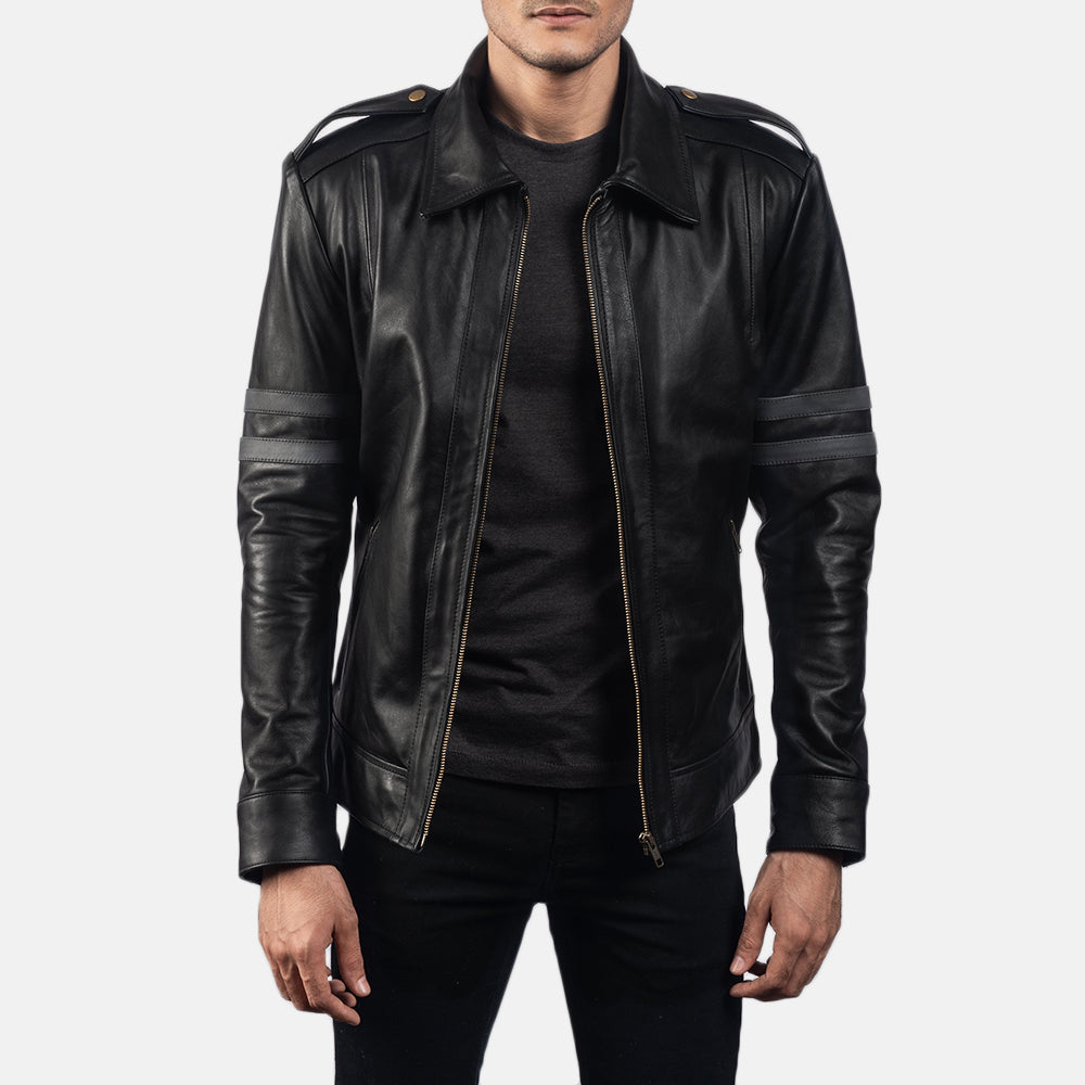 Dettaglio ravvicinato of Shirt &amp; Zipper Hardware on Armstrong Nero Giacca Biker in Pelle da Uomo
