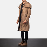 Distressed Brown Sheepskin Snuffed Trench Coat - Vista posteriore Showing Tailored Shoulder Fit &amp; Clean Hemline