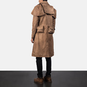 Men's Army Marrone Leather Duster da Uomo - Lateral Side Profile View Showing Sleeve Cut &amp; Athletic Taper Fit