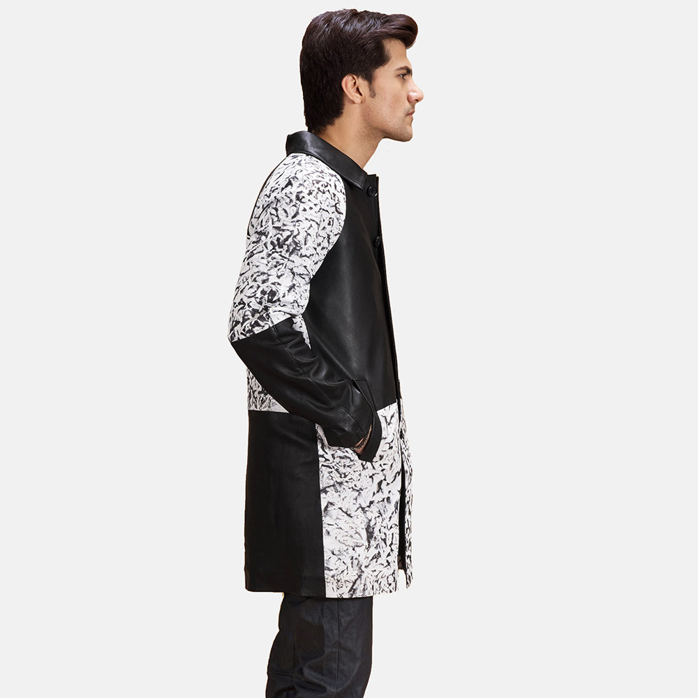 Black &amp; White Sheepskin Dip &amp;Amp; Dye Leather Coat - Vista posteriore Showing Tailored Shoulder Fit &amp; Clean Hemline