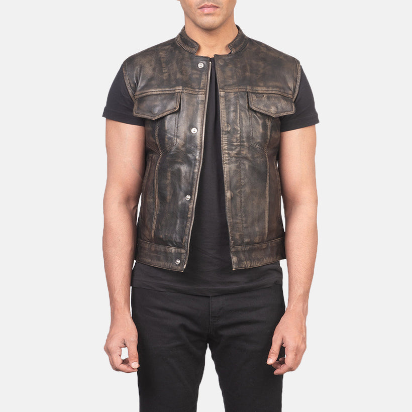 Atlas Moto Effetto Usurato Marrone Gilet in Pelle da Uomo