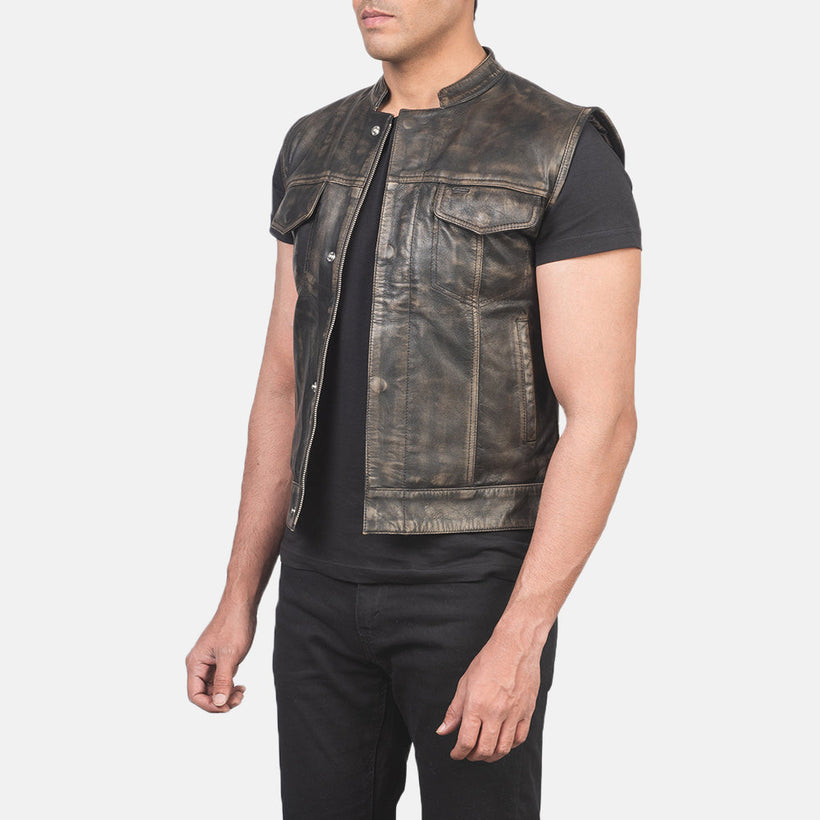 Atlas Moto Effetto Usurato Marrone Gilet in Pelle da Uomo
