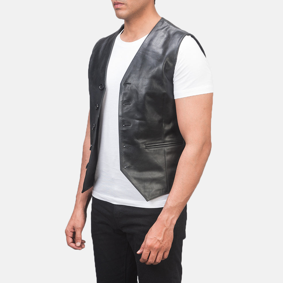 
Black Cowhide leather Vest - Vista posteriore con spalle definite e orlo pulito