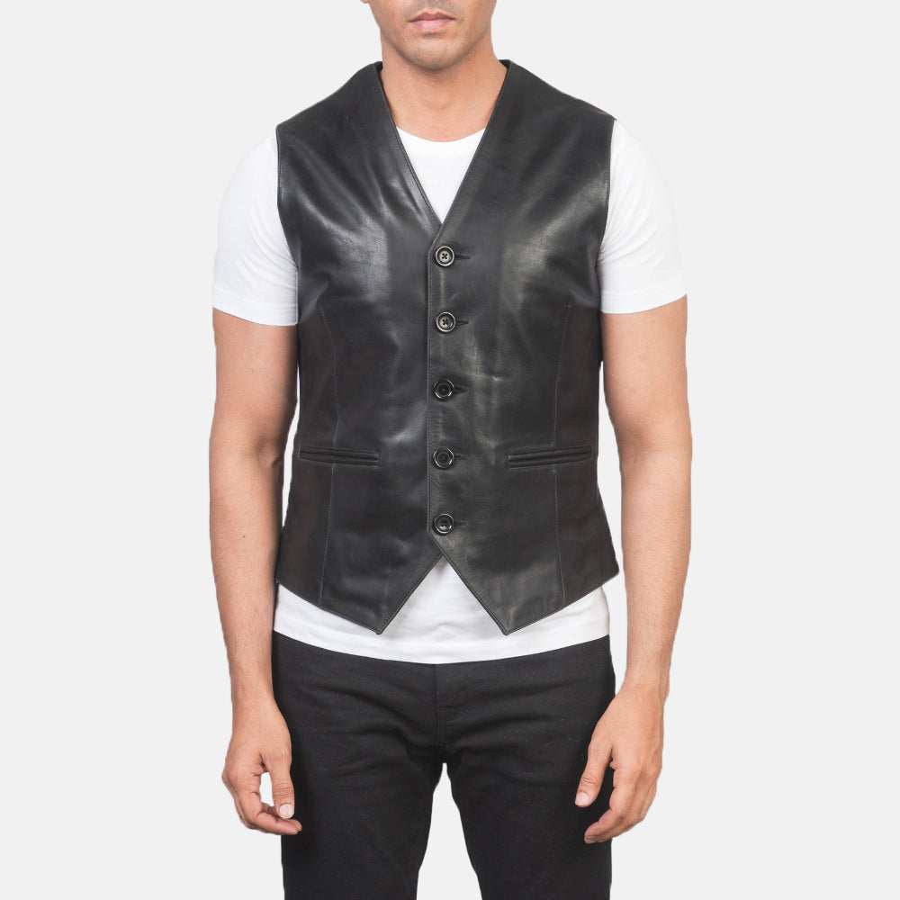 
Dettaglio ravvicinato of Classic Collar & 5 Button Hardware on Auden Nero Gilet in Pelle da Uomo