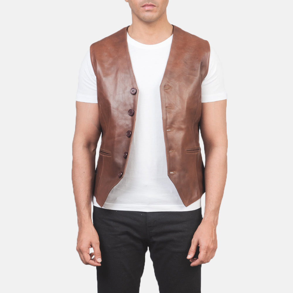 Auden Marrone Gilet in Pelle da Uomo in Brown Cowhide Leather - Vista frontale e linea su misura | Acquista online