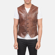 Dettaglio ravvicinato of Classic Collar &amp; 5 Button Hardware on Auden Marrone Gilet in Pelle da Uomo