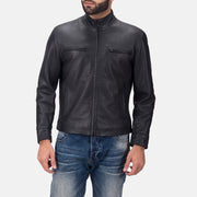 Austere Matte Nero Giacca Biker in Pelle da Uomo in Black Calfskin Matte - Vista frontale e linea su misura | Acquista online