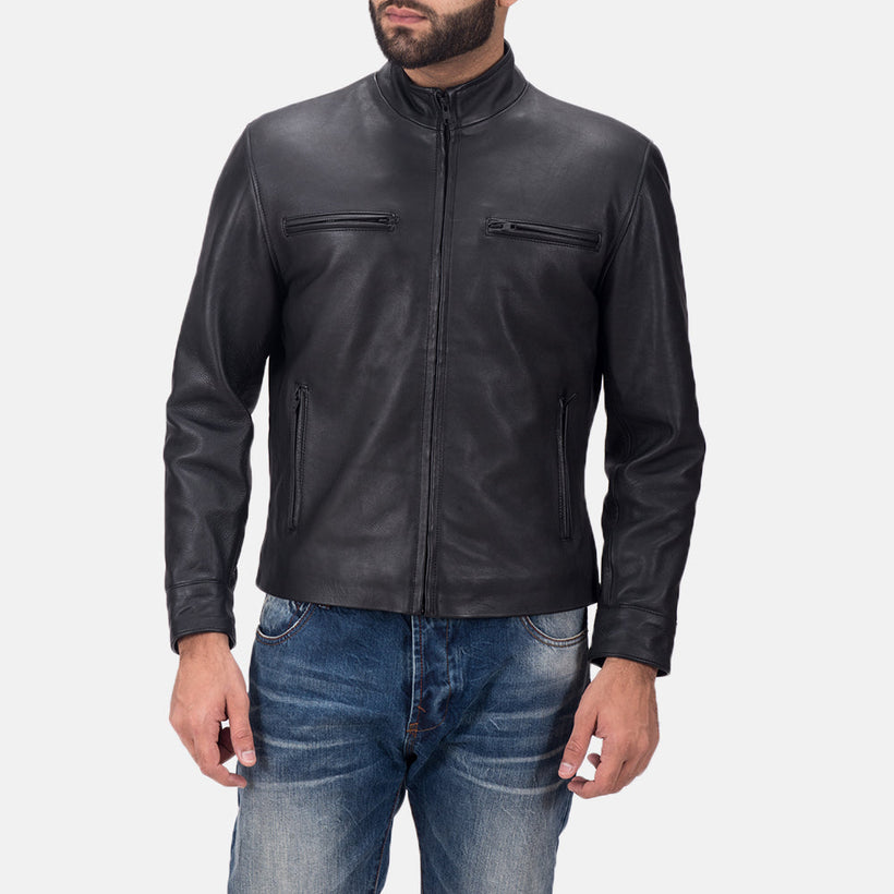 Austere Matte Nero Giacca Biker in Pelle da Uomo