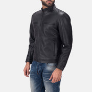 Black Calfskin Matte Biker Jacket - Vista posteriore Showing Tailored Shoulder Fit &amp; Clean Hemline
