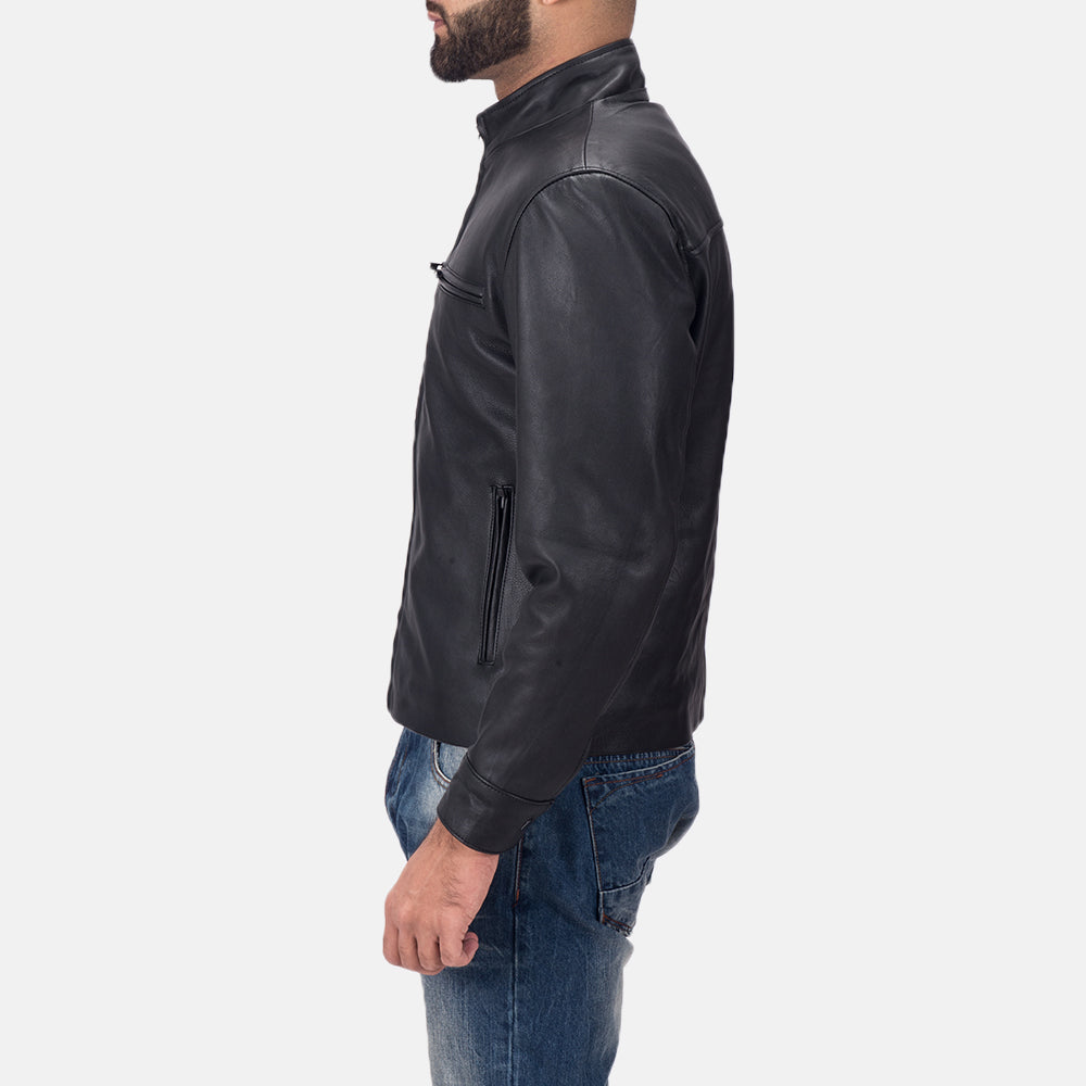 Austere Matte Nero Giacca Biker in Pelle da Uomo - Lateral Side Profile View Showing Sleeve Cut &amp; Athletic Taper Fit
