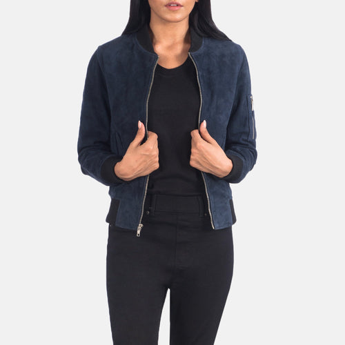 Women's Ava Ma-1 Blue Suede Bomber Jacket in Blue Sheepskin Suede - Front Profile View & Tailored Silhouette | Buy Online