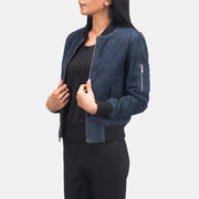 
Blue Sheepskin Suede Bomber Jacket - Vista posteriore con spalle definite e orlo pulito