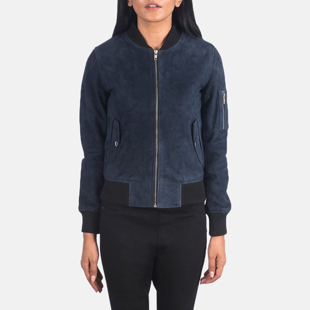 
Dettaglio ravvicinato of Rib Knit & Zipper Hardware on Ava Ma-1 Blue Suede Bomber Jacket