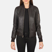 Women's Ava Ma-1 Brown Leather Bomber Jacket in Brown Sheepskin Leather - Vista frontale e linea su misura | Acquista online