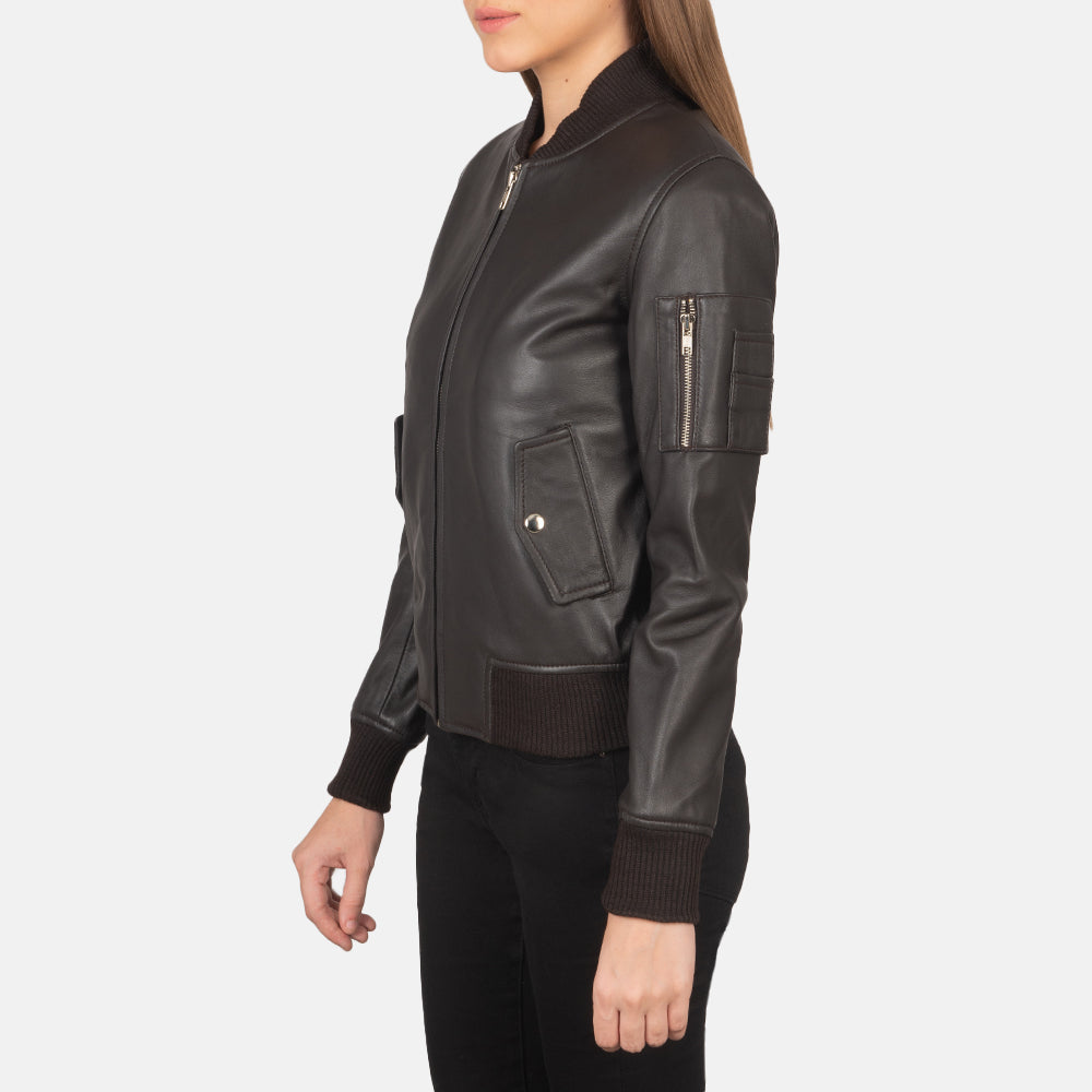 Brown Sheepskin Leather Bomber Jacket - Vista posteriore Showing Tailored Shoulder Fit &amp; Clean Hemline