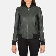 
Dettaglio ravvicinato of Rib Knit & Zipper Hardware on Ava Ma-1 Green Leather Bomber Jacket