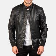 Avan Black Leather Bomber Jacket in Black Cowhide (Torso) &amp;Amp; Goatskin (Sleeves) Leather - Vista frontale e linea su misura | Acquista online