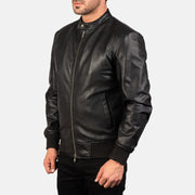 Black Cowhide (Torso) &amp;Amp; Goatskin (Sleeves) Leather Bomber Jacket - Vista posteriore Showing Tailored Shoulder Fit &amp; Clean Hemline