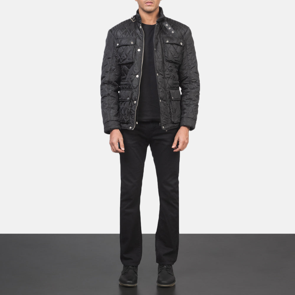 Men's Barry Trapuntato Nero Windbreaker Giacca in Pelle da Uomo - Lateral Side Profile View Showing Sleeve Cut &amp; Athletic Taper Fit