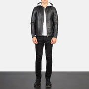Men's Baston Black Hooded Leather Bomber Jacket - Lateral Side Profile View Showing Sleeve Cut &amp; Athletic Taper Fit