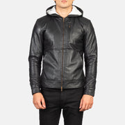 Dettaglio ravvicinato of Hooded &amp; Zipper Hardware on Men's Baston Black Hooded Leather Bomber Jacket