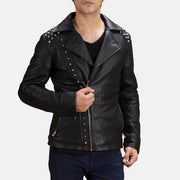 Men's Nero Studded Giacca Biker in Pelle da Uomo in Black Sheepskin Leather - Vista frontale e linea su misura | Acquista online