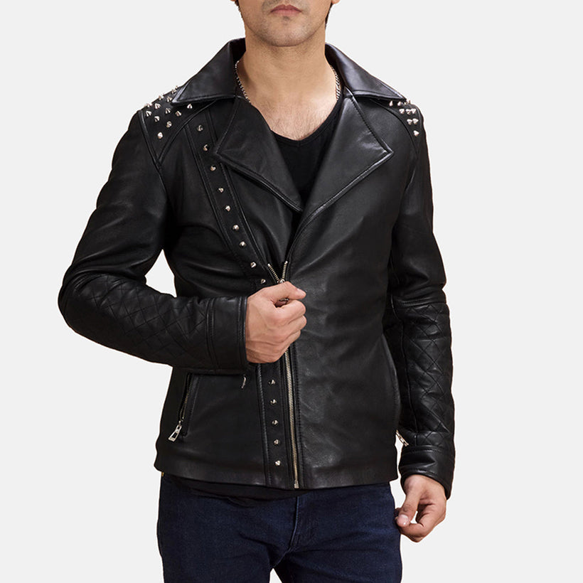 Nero Studded Giacca Biker in Pelle da Uomo