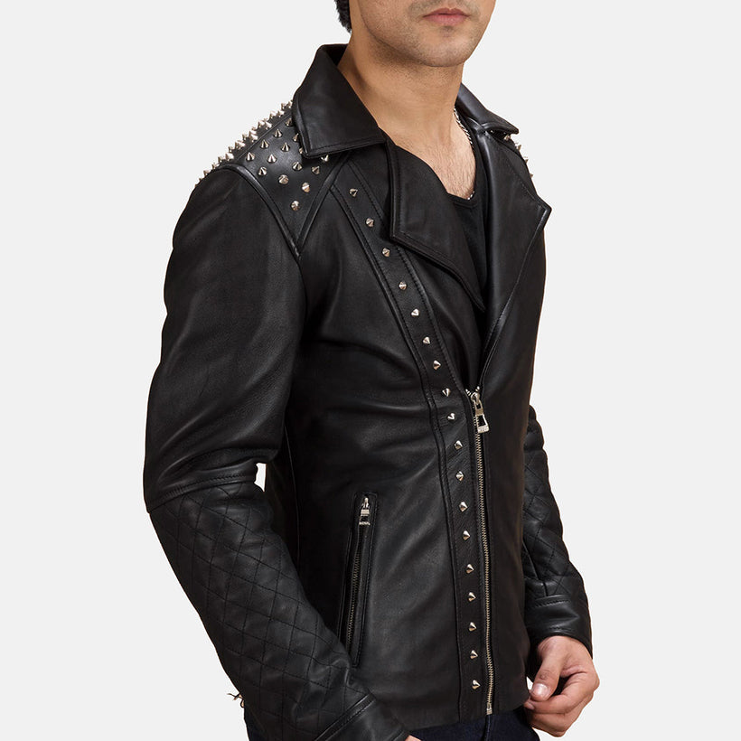 Nero Studded Giacca Biker in Pelle da Uomo