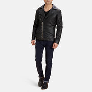 Men's Nero Studded Giacca Biker in Pelle da Uomo - Lateral Side Profile View Showing Sleeve Cut &amp; Athletic Taper Fit