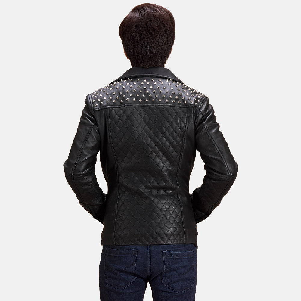 Dettaglio ravvicinato of Notch &amp; Zipper Hardware on Men's Nero Studded Giacca Biker in Pelle da Uomo