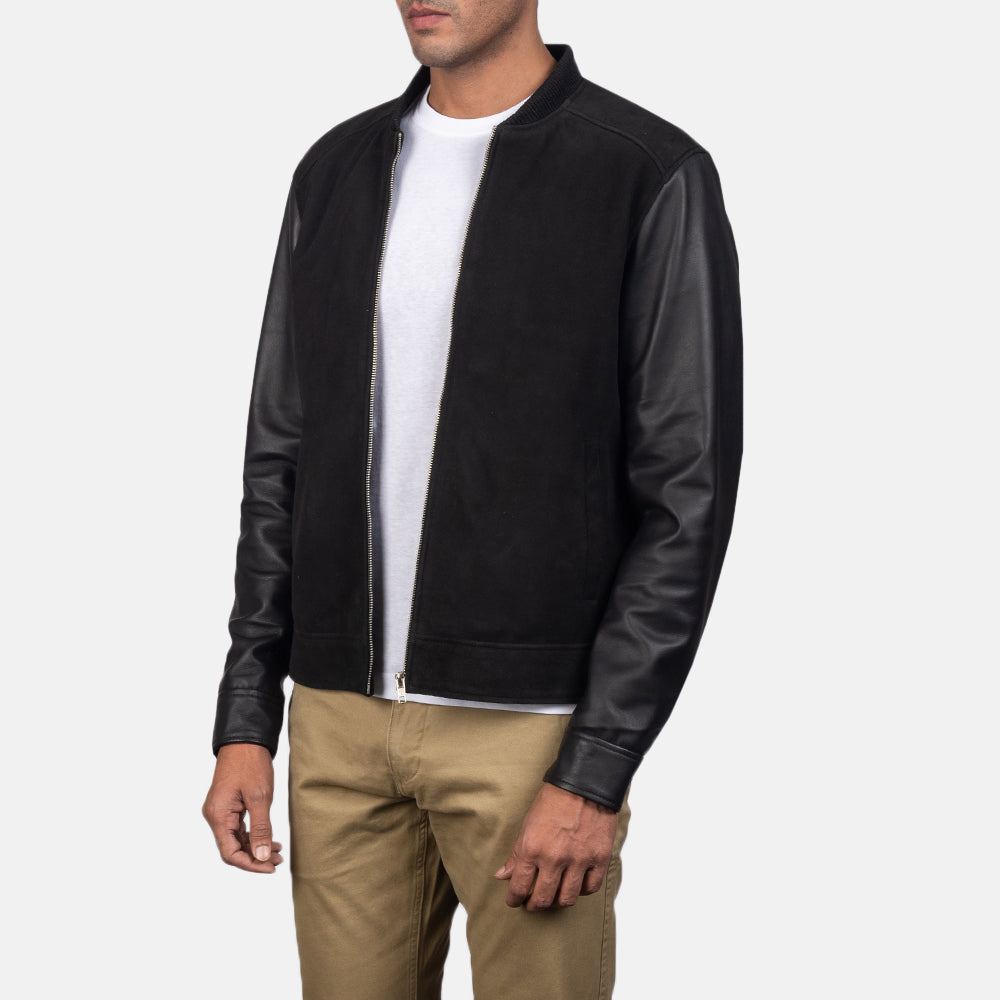 Brown Goatskin Suede Bomber Jacket - Vista posteriore Showing Tailored Shoulder Fit &amp; Clean Hemline