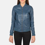 Dettaglio ravvicinato of Varsity - Rib Knit &amp; Zipper with Wind Flap Hardware on Women's Bliss Blu Bomber in Pelle da Donna