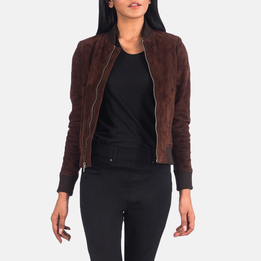 Women's Bliss Marrone Suede Bomber in Pelle da Donna in Brown Goatskin Suede - Vista frontale e linea su misura | Acquista online
