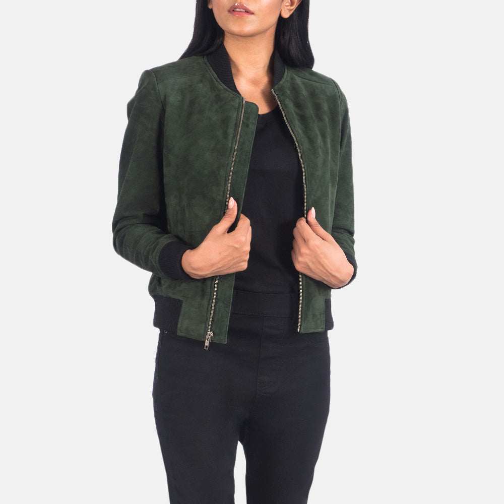 Women's Bliss Verde Suede Bomber in Pelle da Donna in Green Goatskin Suede - Vista frontale e linea su misura | Acquista online