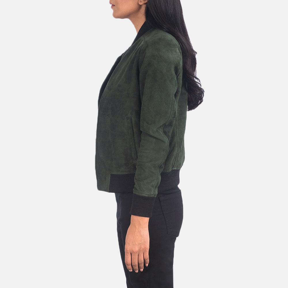 Green Goatskin Suede Bomber Jacket - Vista posteriore Showing Tailored Shoulder Fit &amp; Clean Hemline