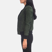 Green Goatskin Suede Bomber Jacket - Vista posteriore Showing Tailored Shoulder Fit &amp; Clean Hemline
