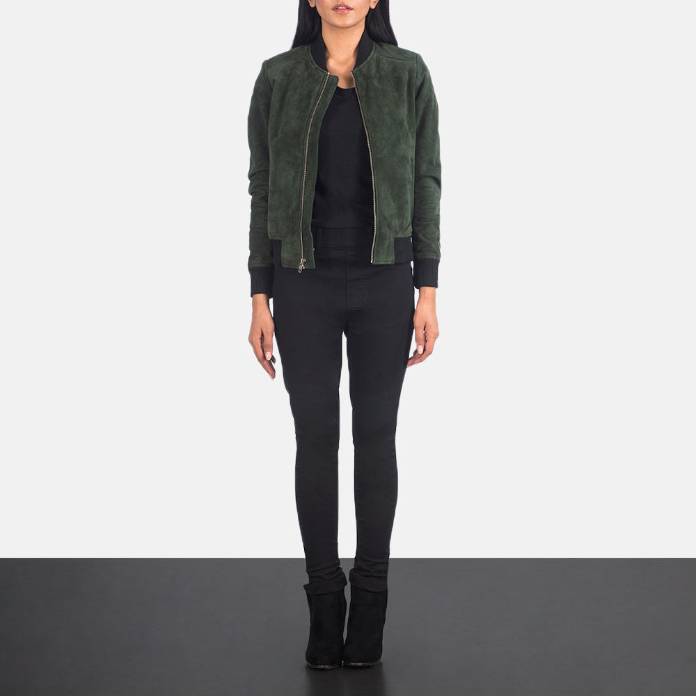 Women's Bliss Verde Suede Bomber in Pelle da Donna - Lateral Side Profile View Showing Sleeve Cut &amp; Athletic Taper Fit